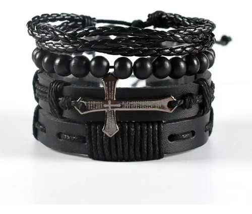 Conjunto 4 Pulseras Cuero Genuino Dije Cruz Crucifijo 