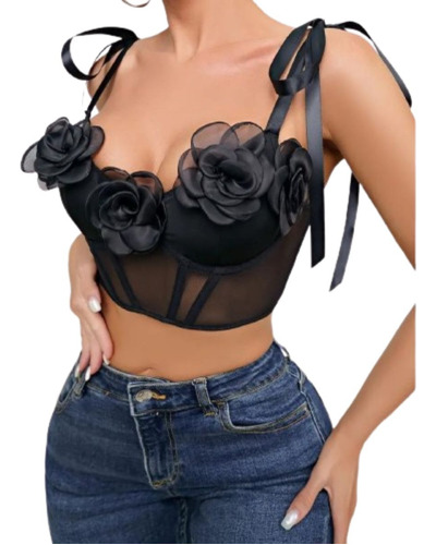 Crop Top Corto Para Mujer Negro Con Flores Corset