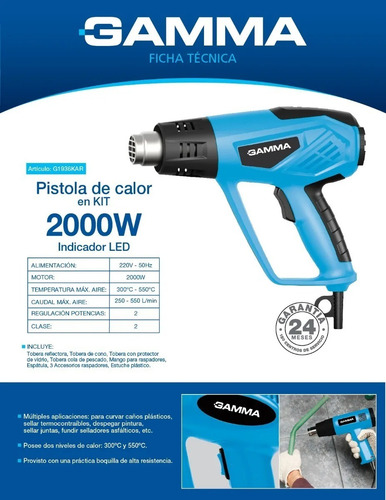 Pistola De Calor Gamma Temp. Variable 2000w G1936kar + Kit