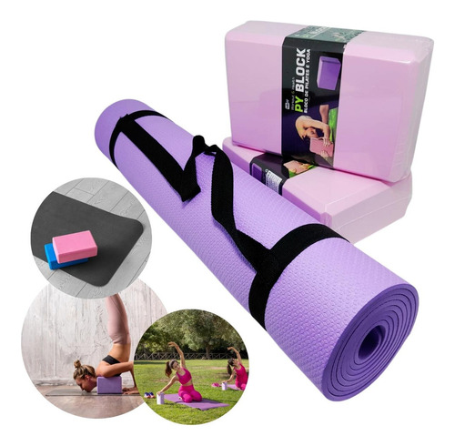 Kit Yoga Pilates, Tapete Esteira Colchonete + 2 Blocos Yoga Cor Lilás/rosa