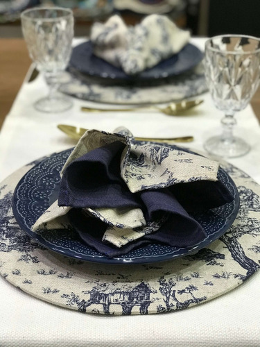 Kit Mesa Posta Jantar 8 Lugares Toile De Jouy Azul Em Linho
