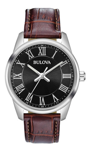 Reloj Bulova Clásico Piel Café Original Hombre Correa Marrón Bisel Plateado Fondo Negro