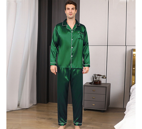 Pijama De Hombre Verde Con Mangas Largas Material De Seda