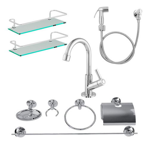 Kit Acessórios Aço Inox 9 Pçs -torneira + Ducha + 2 Psp Reto