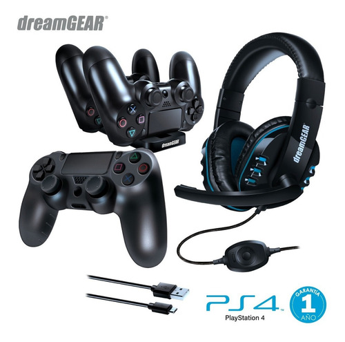 Kit Gamer para Ps4: fone de ouvido, carregador, cabo, estojo de controle preto