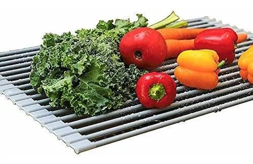 iPEGTOP Over The Sink Roll-Up Dish Drying Rack Multipurpose Dish Drainer Mat  with Plates Holder, Fruits and Vegetable Rinser - Durable Silicone Covered  Stainless Steel, 17.3L x 12.6W 