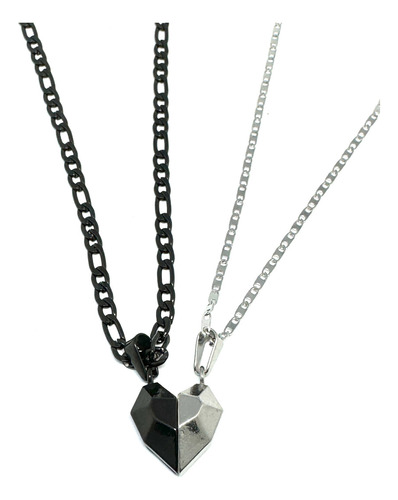 2 Collar Acero Inoxidable Plateado Negro Corazon Iman Pareja