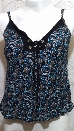 Blusa Solera Negra C/arabescos Azul, Celeste Marròn Escote V