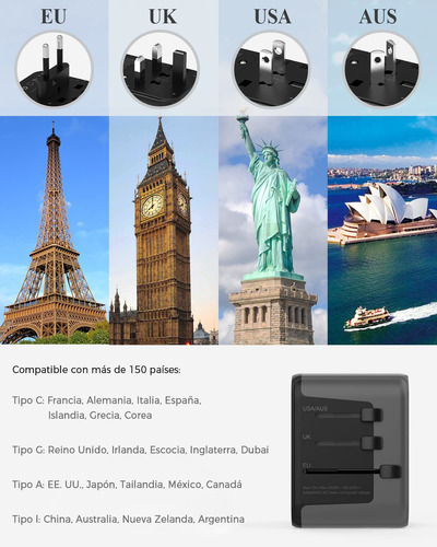 Adaptador Tomada Universal, Europa, Asia, Portátil, 4 Usb
