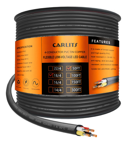 Cable Eléctrico De 18 Awg De 4 Conductores, 50ft Negro...