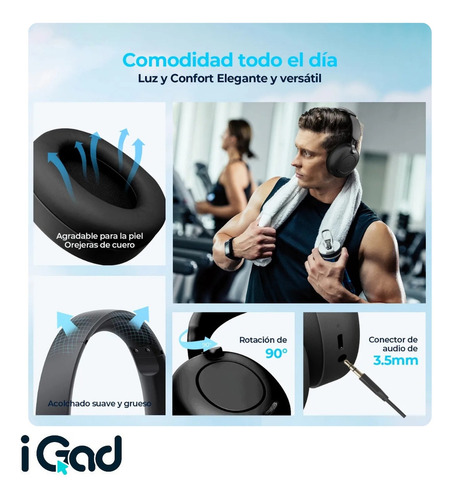 Audífonos Bluetooth 5.3 Igad Hi-res Inalámbricos Diadema Cancelación De Ruido Con Micrófono Y Cable Tipo C Negro
