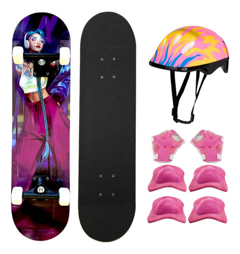Skate Board Feminino Completo Kit Proteção Capacete Menina