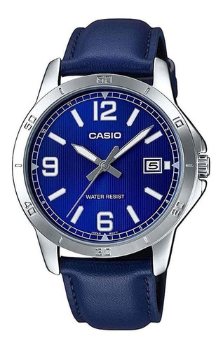 Reloj pulsera Casio MTP-V004 con correa de cuero color azul - bisel plata