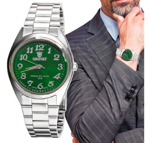 Relógio Masculino Orinet Luxo Original Prova D'água Cor da correia Prateado Cor do fundo Verde