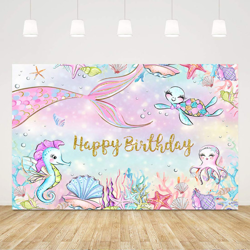Fondo Cumpleaño Mar Diseño Sirenita Para Niña Unicornio 1er