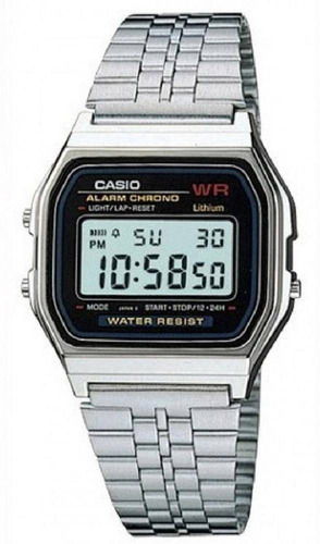 Relógio de pulso Casio Vintage A159 com corpo cinza,  digital, para sem gênero, fundo  preto e cinza, com correia de aço inoxidável cor cinza, subdials de cor preto, ponteiro de minutos/segundos preto, bisel cor cinza e fivela de gancho