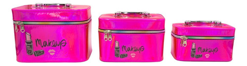 Cosmetiquera 3 En 1 Para Maquillaje-neceser Color Fucsia Diseño De La Tela Lisa