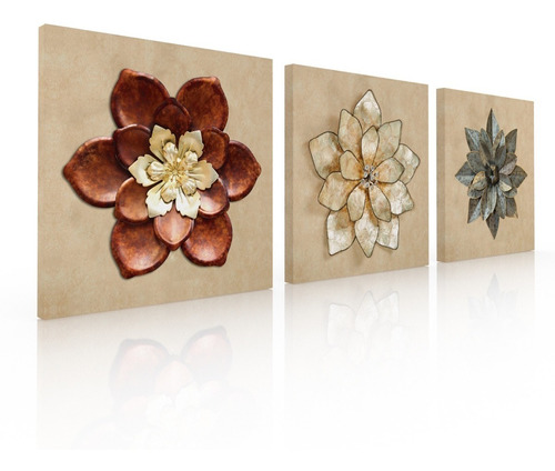 Set De 3 Cuadros Decorativos Para Sala Recamara, Flor Metal