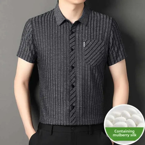Camisa De Manga Corta Con Botones A Rayas Para Hombre
