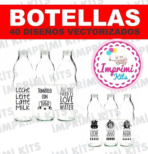 Kit Vectorizado Botellas Vectores Agua Jugo Leche Frase