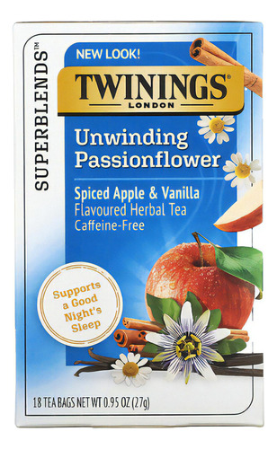 Twinings, Unwind Herbal Tea, Pasionaria y manzanilla, Manzana especiada y vainilla, sin cafeína, 18 saquitos de té