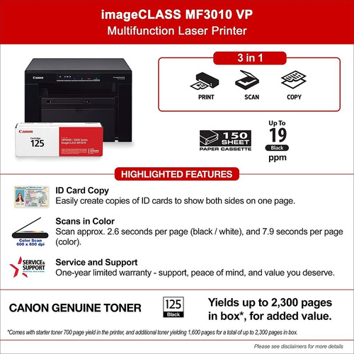 Imagen 7 de 8 de Impresora Multifuncional Canon Mf3010 + Toner Regalo Hp 85a