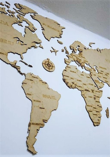 Imagen 2 de 3 de Mapa Mundi En Madera Mdf Para Pared (120 Cm Ancho)