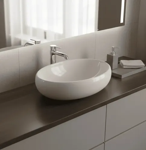 Foto real de Cuba Sobrepor Oval Lemi 465cm Louca Banheiro Branco Brilhante