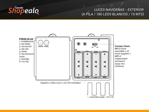 Imagen 7 de 9 de Luces Navidad Exterior A Pila 180 Led Blanco Frio 15 Mt Cta*