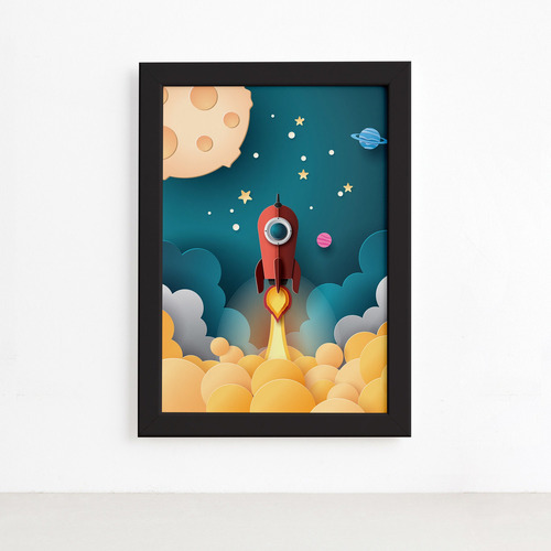 Quadro Astronauta Foguete Vermelho Moldura Preta 33x43cm Cor Colorido Cor Da Armação Preto