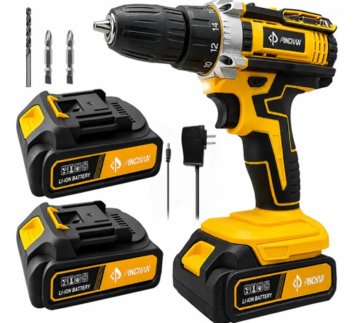 Taladro Inalámbrico Pinchan de 10 mm con 2 Baterías y Cargador, Amarillo