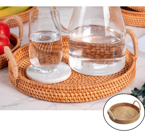 Cesta De Mimbre Hecha A Mano Con Asas De Madera Bandeja