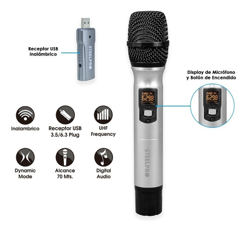 Imagen 2 de 3 de Microfono Inalambrico 70m Alcance Uhf Con Maleta Steelpro