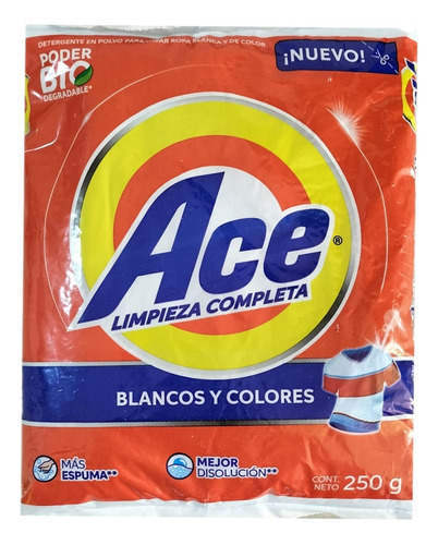Detergente Polvo Ace Limpieza Completa 250 Grs