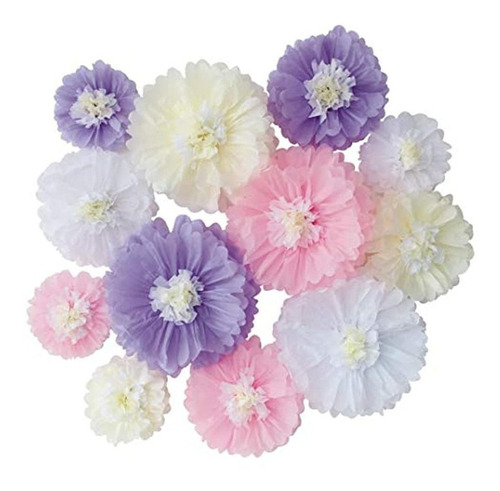 Paquete De 12 Flores De Papel De Seda De Color Rosa Y Blanco