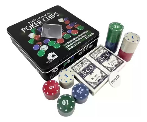 Juego De Poker Professional 100 Fichas Cartas Estuche Lata