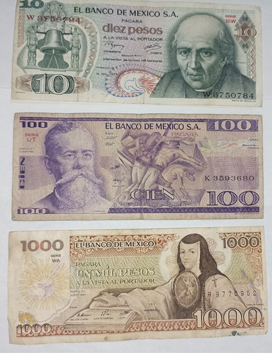 Billetes Mexicanos 10, 100 Y 1000 Pesos Lote De 3 Piezas (Usado)
