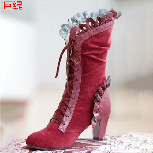 Botas A Media Pantorrilla Con Tacón Y Cordones Para Mujer