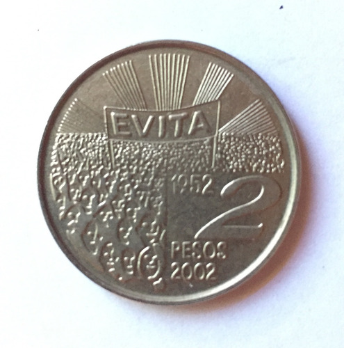 Moneda 2pesos-50ºaniv.muerte Evita 1952-2002-usada-cuproniqu