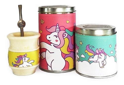 Imagen 1 de 3 de Combo Mate Santo Yerbera Azucarera Lata Unicornios