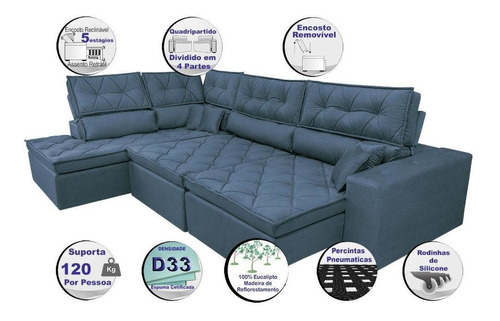 Sofa De Canto Retrátil Reclinável Cama Inbox Platinum Azul