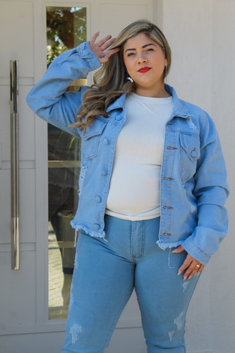 Imagem 4 de 6 de Conjunto Feminino Plus Size Jeans Jaqueta E Calça Inverno