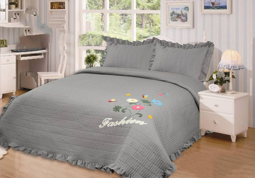 Cubrecama Bordados Quilt 2plaza Color Gris Teng Fei