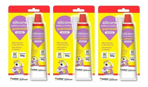 Kit C/3 Cola Adesivo Silicone Acético Incolor 50g Quartzolit