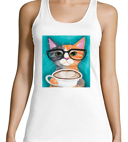 Musculosa Mujer Animal Gato Tomando Cafe Anteojos Tierno