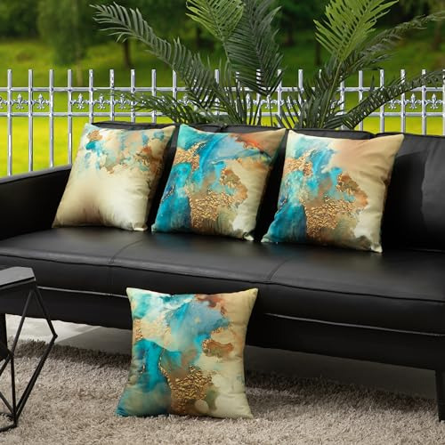 Set De 4 Fundas Almohada Abstractas Doradas Azul Y Verde, De