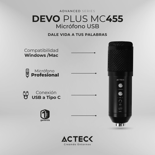 Microfono Actek Condensador Streaming Usb C Devo Plus Mc455