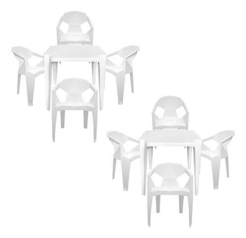 Kit C/ 2 Mesas Plastico Quadrada 8 Poltrona Cadeiras Diamond