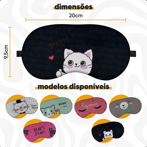 Máscara De Dormir 3D Tapa Olhos Anti Claridade Blackout Ajustável no Rosto Confortável Repouso - Modelo: Gato Verde Smart Tools®