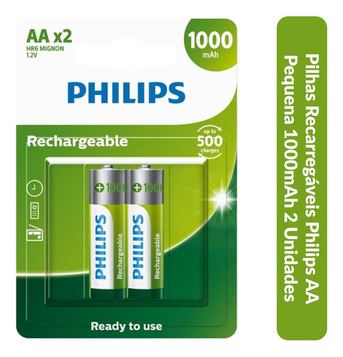  2 Pilhas Recarregável Aa Pequena  Philips 2a Comum 1,2v